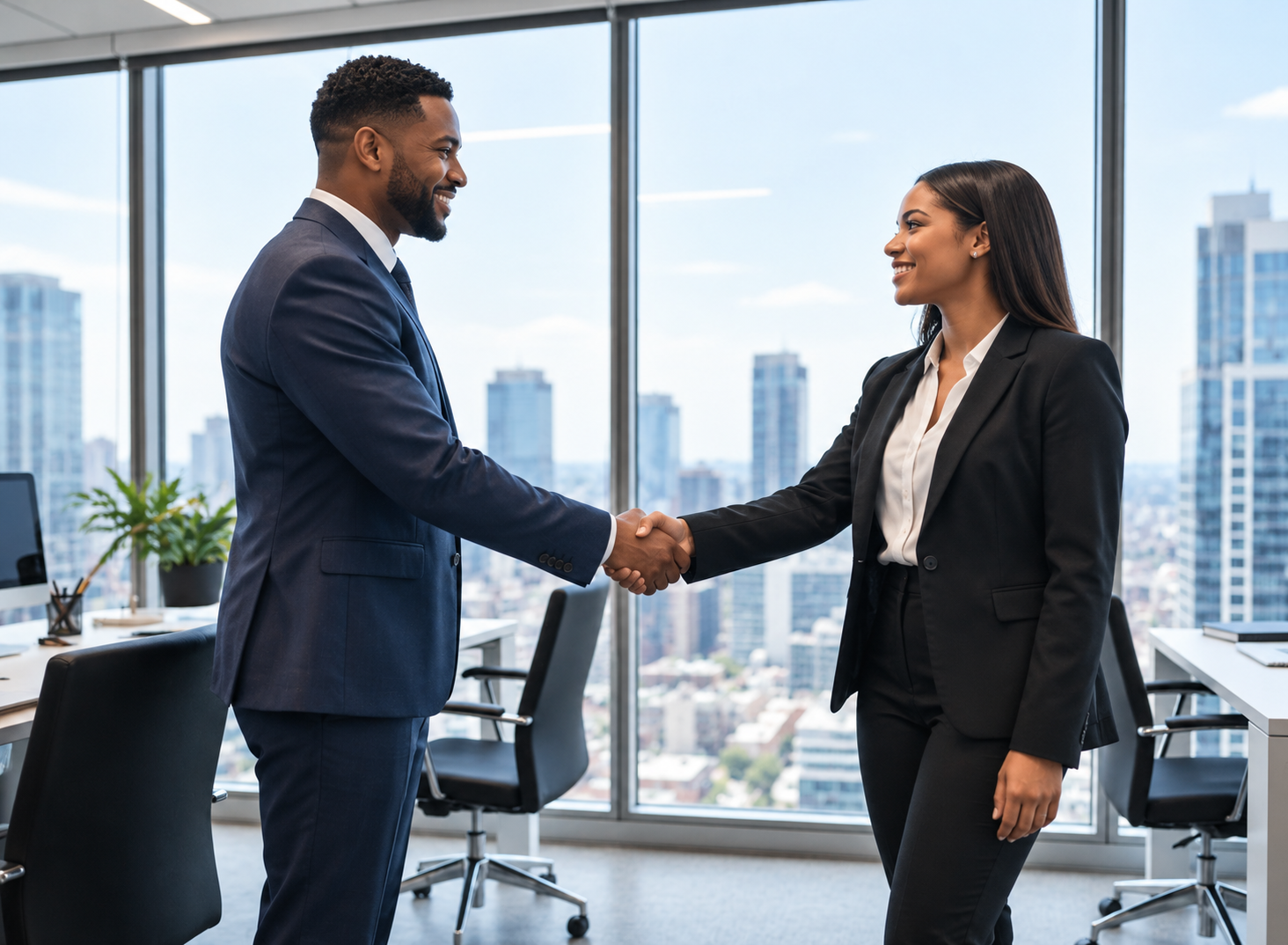 Business advisor and entrepreneur shaking hands in a high-rise office