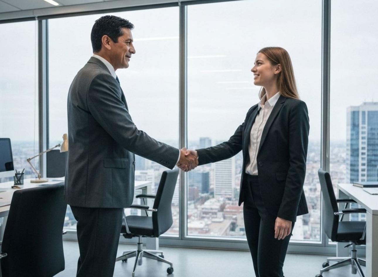 Business advisor and entrepreneur shaking hands in a high-rise office