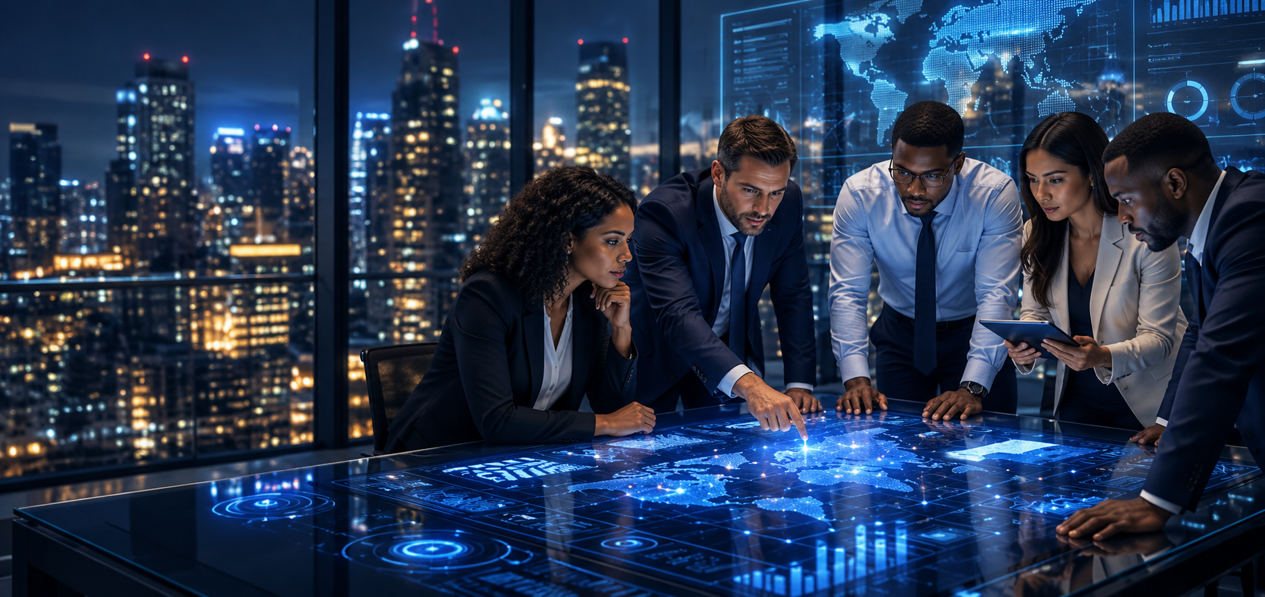 Executive team reviewing data on an interactive boardroom table at night