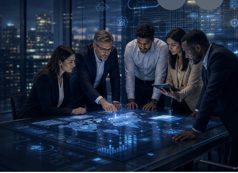 Executive team reviewing data on an interactive boardroom table at night