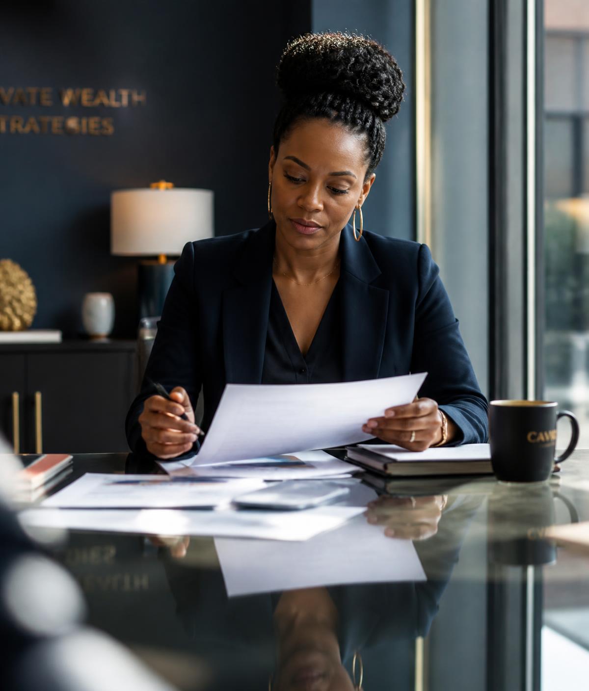 Business owner reviewing a growth strategy with printed reports in a modern advisory office